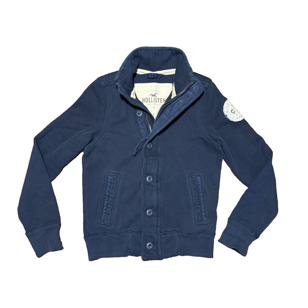 Y2K Hollister Navy Blue Military Jacket Full Button Zip Sweater Mens Small